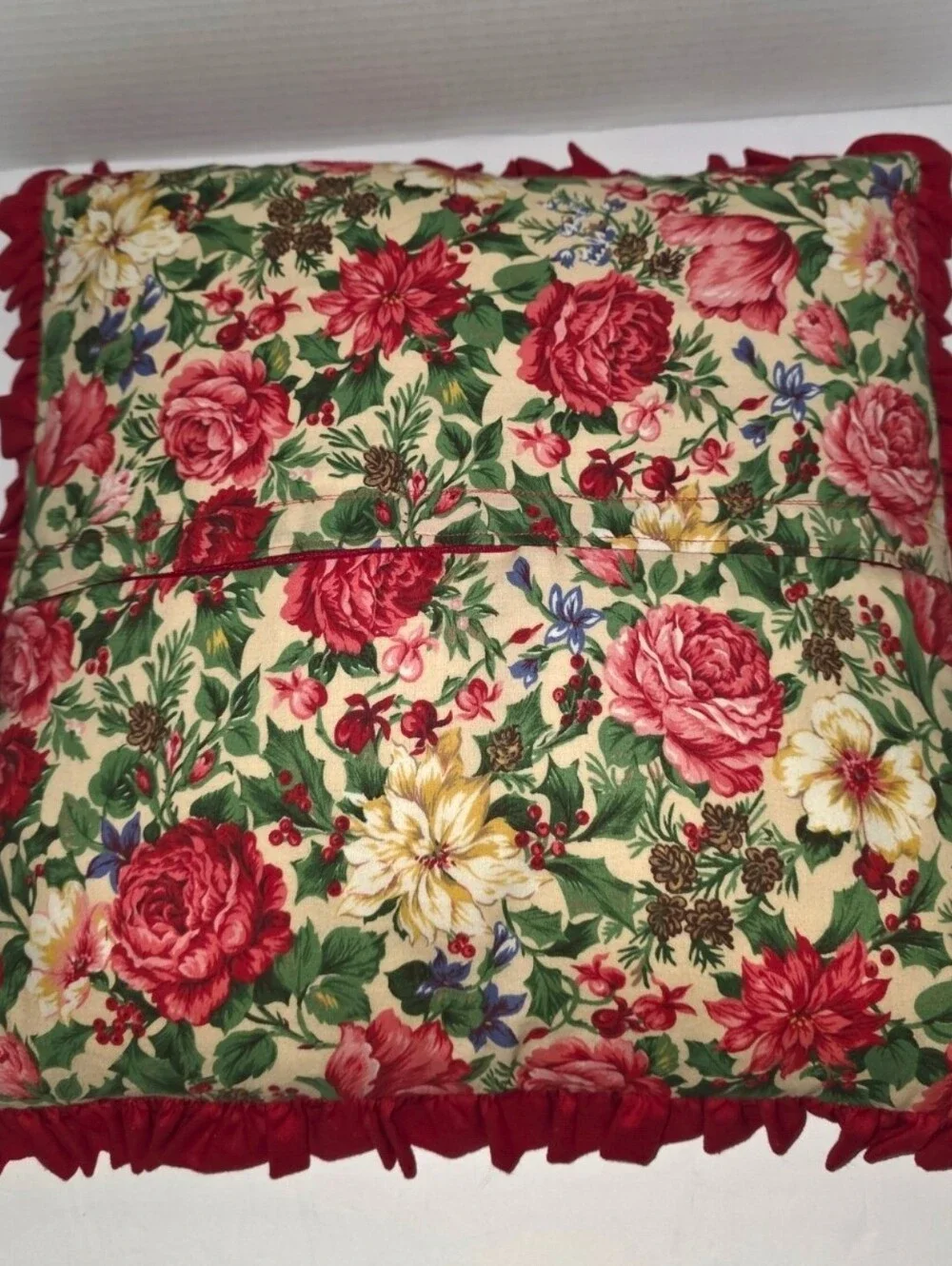 Vintage Handmade Quilted Pillow Floral Patchwork Star Ruffle Cottagecore Cottage